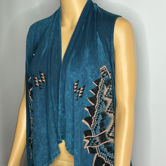 Vocal Turquoise Blue Rhinestone Studded Southwestern Fringe Open Vest - Picture 14 of 16
